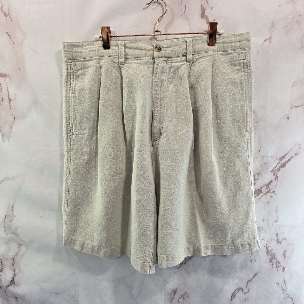 Vintage Linen Shorts Mens 36 Beige Pleated 90s Beach Eddie Bauer Chino